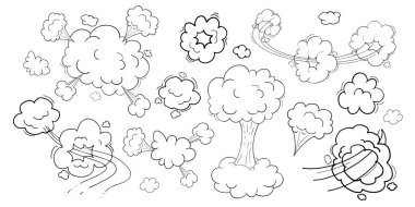 Komik hareket efekti, bulutların hızı, hızlı rüzgar girdabı, beyaz arka planda izole edilmiş puf elementler. Patlama. Vektör illüstrasyonu