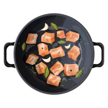 Kızarmış tavuk filetosu ya da tavada hindi parçaları, baharat, sarımsak ve beyaz arka planda izole edilmiş yapraklar. - Evet. Vektör illüstrasyonu