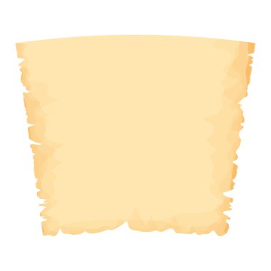 Sivri uçlu parşömen kağıdı, yırtık parçalar, çizgi film tarzında eski bir sayfa, beyaz arka planda izole edilmiş desenli boş çerçeve notu. Oyun öğeleri. Vektör illüstrasyonu