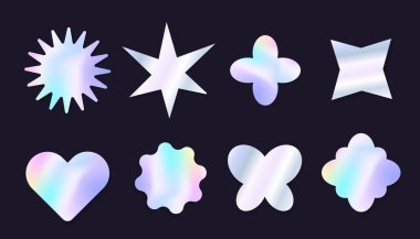 Holografik y2k geleceğin metal rozeti, damgası, modaya uygun renkli çıkartma seti kalbi ve soyut şekiller. Gümüş folyo etiketi koleksiyonu. Vektör illüstrasyonu