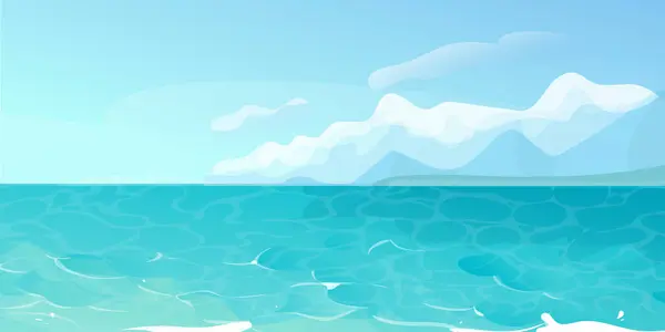 Ocean summer beach sea seashore, coastline with mountains on horizon. Seaside landscape, tropical beach landscape. Vector illustration