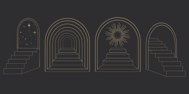 Altın çizgili kemer çerçeve kapı merdivenleri, güneş ve yıldızlar, mistik kapı, astroloji sınırı, dekorasyon, karanlık arka planda minimal dövme. Vektör illüstrasyonu