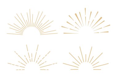 Altın güneş ışınları beyaz arka planda izole edilmiş minimum gün doğumu süslemesi. Okyanus dalgalı göksel güneş ışını. Vektör illüstrasyonu