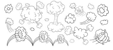 Komik hareket efekti, bulutların hızı, hızlı rüzgar girdabı, beyaz arka planda izole edilmiş puf elementler. Patlama. Vektör illüstrasyonu