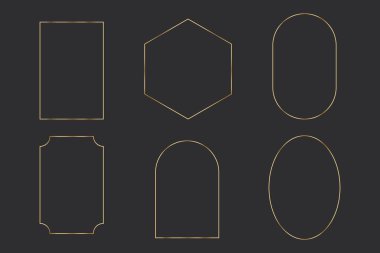 Koyu arkaplanda altın ince çerçeve şekilleri ayarlayın. Manşet, metin dekoru ve satış afişi için mükemmel bir sınır tasarımı. Vektör. Vektör illüstrasyonu