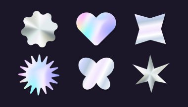 Holografik y2k gelecekteki metal rozet, pul, trndy coloded sticker set heart ve soyut şekiller. Gümüş folyo etiketi koleksiyonu. Vektör illüstrasyonu