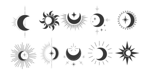 Set mystic moon celestial astrology magic element with rays, stars, burst minimal line tattoo, border or decoration isolated Space symbols, emblem. Vector illustration