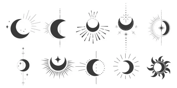 Встановіть Містичний Місяць Небесної Астрології Магічний Елемент Променями Зірками Спалахом Ліцензійні Стокові Ілюстрації