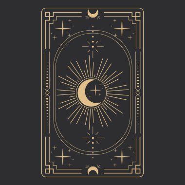 Tarot kartları için simya esrarengiz mistik şablonlar altın çizgi göksel elementlerle sınırlandırılmış çerçeveler, ay ile gizemli astrolojik süslemeler, karanlık arka planda izole edilmiş yıldızlar. Vektör