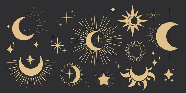 Işınlar, yıldızlar, patlamış minimum çizgi dövmesi, sınır ya da dekorasyon ile karanlık arka planda izole edilmiş altın mistik ay astrolojisi sihirli elementi ayarla. Uzay sembolleri, amblem. Vektör illüstrasyonu