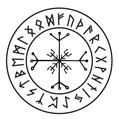 Rune Circle İzlanda Kelt Viking Tılsımı Navigasyon Pusula, çerçeve okült tılsım, kabile İskandinav yazıları beyaz arka planda izole edilmiş. Vektör illüstrasyonu