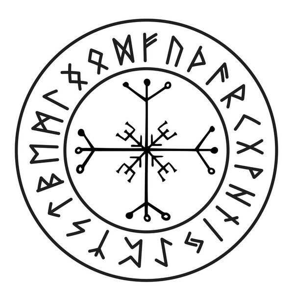 Rune circle Icelandic celtic viking talisman Navigation Compass, frame occult amulet, tribal norse writng isolated on white background. Vector illustration