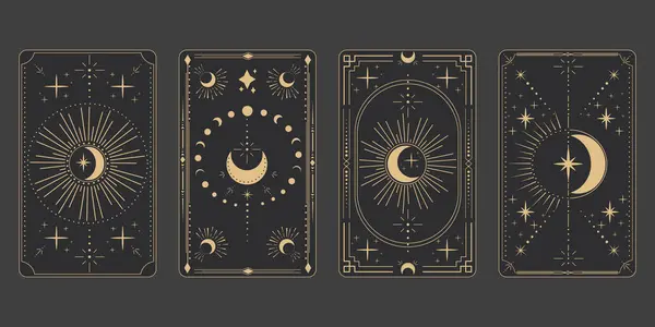 Tarot çerçeve sınırını altın göksel elementlerle, ezoterik astroloji gizemli ay süsüsüyle, karanlık arka planda izole edilmiş yıldızla ayarla. Vektör illüstrasyonu