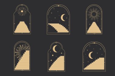Kemer çizgisi çerçeve, merdivenli mistik, astroloji sembolleri ay ve güneş, çizgi sınırı, en az izole dövme. Esrarengiz manevi ikon. Vektör illüstrasyonu