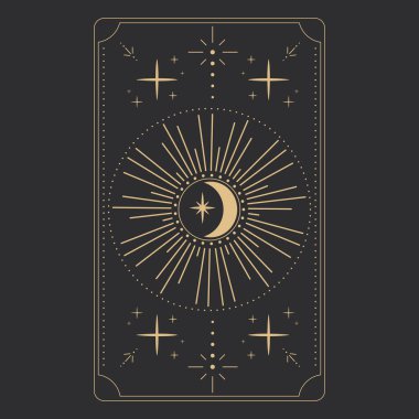 Tarot kartları için simya esrarengiz mistik şablonlar altın çizgi göksel elementlerle sınırlandırılmış çerçeveler, ay ile gizemli astrolojik süslemeler, karanlık arka planda izole edilmiş yıldızlar. Vektör