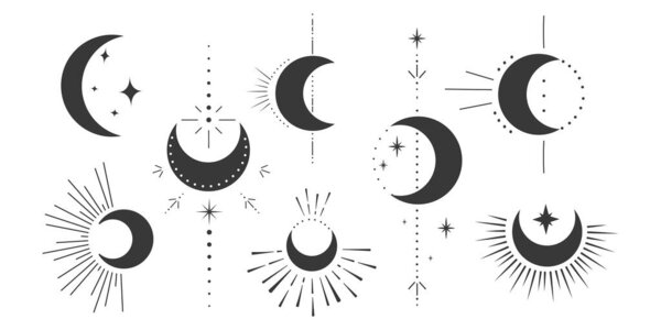 Set mystic moon celestial astrology magic element with rays, stars, burst minimal line tattoo, border or decoration isolated Space symbols, emblem. Vector illustration