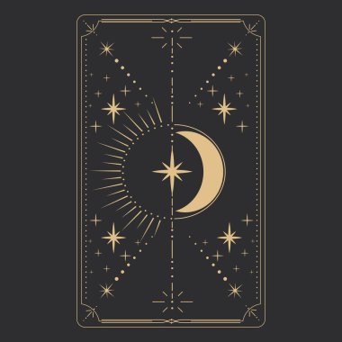 Tarot çerçeve sınırını altın göksel elementlerle, ezoterik astroloji gizemli ay süsüsüyle, karanlık arka planda izole edilmiş yıldızla ayarla. Vektör illüstrasyonu