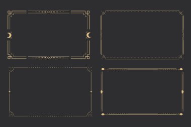 Çizgi altın çerçeve, gökyüzü minimal esrarengiz kenar, noktalı mistik doğrusal dekorasyon, karanlık arka planda izole edilmiş köşeler. Geometrik şekil, tarot. Vektör illüstrasyonu