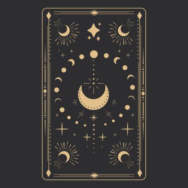 Tarot kartları için simya esrarengiz mistik şablonlar altın göksel elementlerle çevrili çerçeve şablonları, Ay 'la ilgili esrarengiz astroloji gizemli süslemeleri, karanlık arka planda izole edilmiş yıldızlar. Vektör