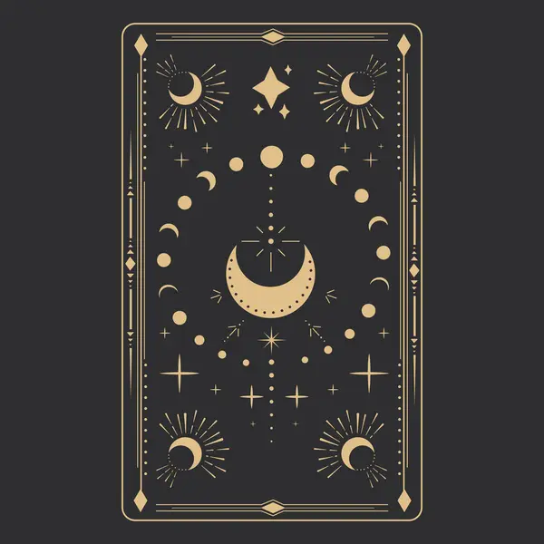 Tarot kartları için simya esrarengiz mistik şablonlar altın göksel elementlerle çevrili çerçeve şablonları, Ay 'la ilgili esrarengiz astroloji gizemli süslemeleri, karanlık arka planda izole edilmiş yıldızlar. Vektör
