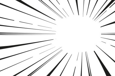 Manga çizgi aksiyon etkisi radyal ışınlar, çizgi roman patlak hareketi siyah beyaz, monokrom tarzı, anime süper kahraman dekorasyonu, hız ya da patlama tasarımı. Vektör illüstrasyonu