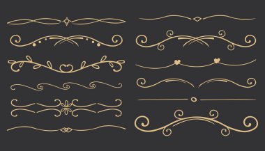 Koyu arkaplanda izole edilmiş klasik deco sınır ayırıcı koleksiyonu. Florish süsü, heykel gibi. Vektör illüstrasyonu