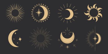 Işınlar, yıldızlar, patlamış minimum çizgi dövmesi, sınır ya da dekorasyon ile karanlık arka planda izole edilmiş altın mistik ay astrolojisi sihirli elementi ayarla. Uzay sembolleri, amblem. Vektör illüstrasyonu