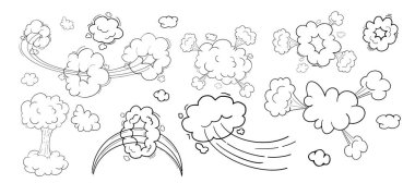 Komik hareket efekti, bulutların hızı, hızlı rüzgar girdabı, beyaz arka planda izole edilmiş puf elementler. Patlama. Vektör illüstrasyonu