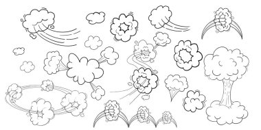 Komik hareket efekti, bulutların hızı, hızlı rüzgar girdabı, beyaz arka planda izole edilmiş puf elementler. Patlama. Vektör illüstrasyonu