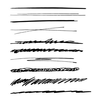 Altı çizili çizgiler, fırça darbesi, işaret çizgileri grunge eğrisi, beyaz arkaplanda izole edilmiş basit sınırlar. Yaratıcı koleksiyon fırça veya pastel boya çekleri