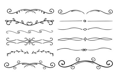 Zarif bölünmüş ince çizgi kıvrımlı karalama etnik sınır ayırıcı koleksiyonu beyaz arka planda izole edilmiş. Florish süsü, heykel gibi. Vektör illüstrasyonu