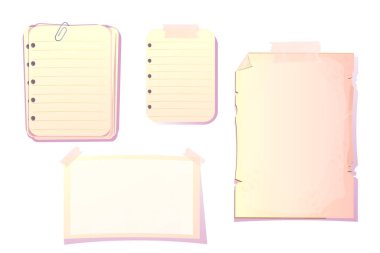 Notlar için boş kağıtları, beyaz arkaplanda izole edilmiş çizgi film tarzında bantlanmış günlüğü ayarla. Yırtık kağıt, albüm parçaları. Vektör illüstrasyonu