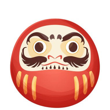 Daruma kırmızı geleneksel Japon bebek tılsımı kızgın yüzlü, beyaz arka planda karikatür tarzında kısırlaştırılmış elementler. Vektör illüstrasyonu