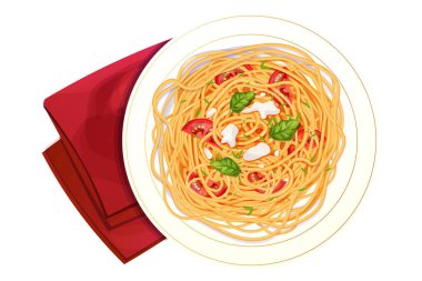 Domatesli spagetti makarna, fesleğen, mozzarella çizgi film tarzında üst görünüş beyaz arka planda izole ve desenli. Yemek, İtalyan mutfağı. Vektör illüstrasyonu