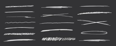 Strikethrough underlines, set chalk stroke, marker lines grunge curve, wvy free hand marks textured simple borders isolated on dark background. Creative collection scribble brush or crayon checks clipart