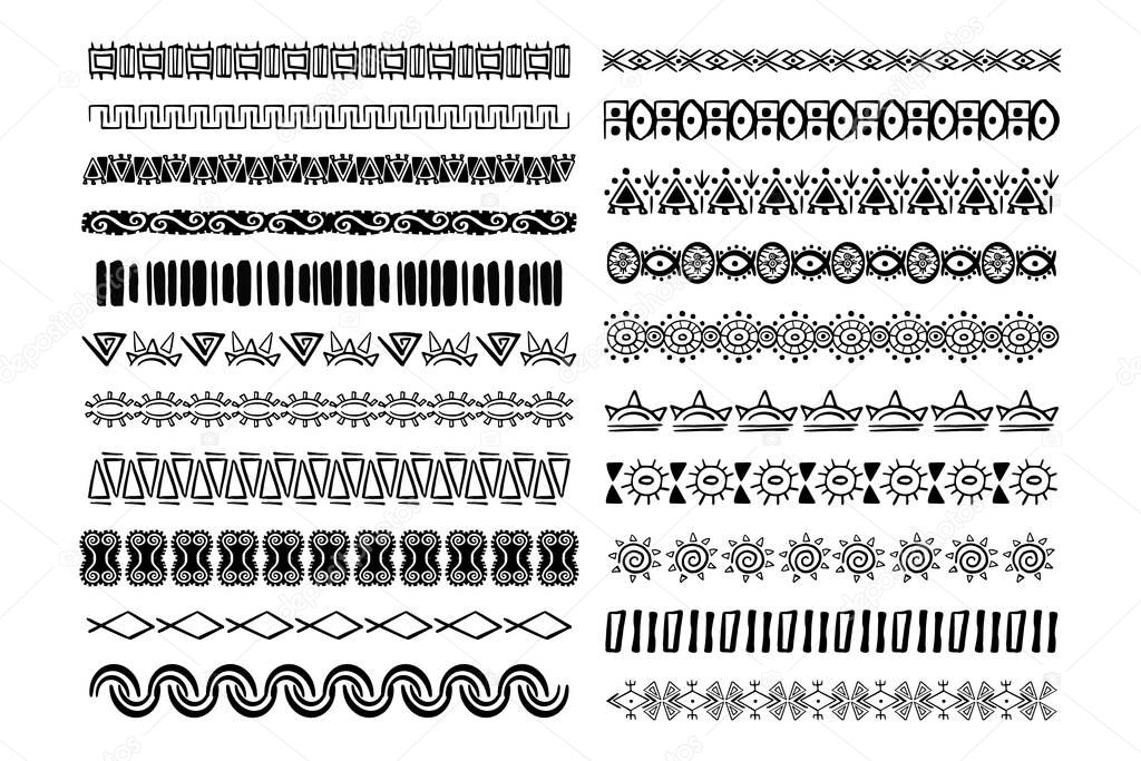 Set aztec tribal motive border in doodle hand drawn style from geometrical shapes isolated on white background. boho scandinavian srtoke, traditional native decor. Vector illustration