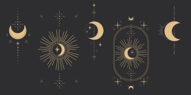 Altın ay göksel dövmesi ya da tarot astrolojisi sihirli elementi, ışınları, yıldızları, karanlık arka planda en az çizgi sınırını ya da dekorasyonunu patlatın. Uzay sembolleri, amblem. Vektör illüstrasyonu