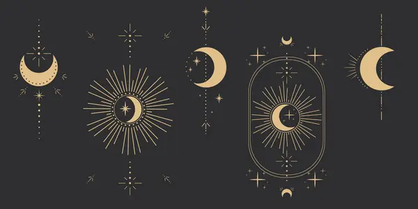 Ορισμός Χρυσό Φεγγάρι Ουράνιο Τατουάζ Ταρώ Αστρολογία Μαγικό Στοιχείο Ακτίνες Διάνυσμα Αρχείου