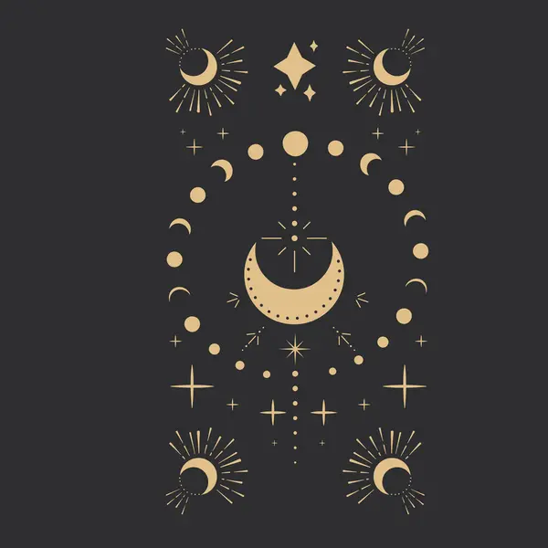 Χρυσό Φεγγάρι Ακτίνες Ουράνια Τατουάζ Ταρώ Αστρολογία Μαγικό Στοιχείο Αστέρια Εικονογράφηση Αρχείου