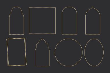 Koyu arkaplanda altın ince çerçeve şekilleri ayarlayın. Manşet, metin dekoru ve satış afişi için mükemmel bir sınır tasarımı. Vektör. Vektör illüstrasyonu