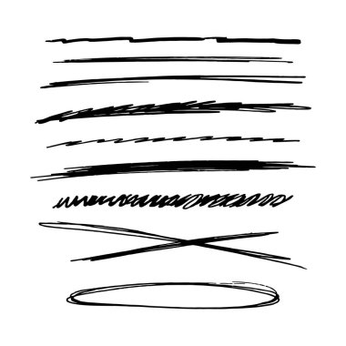 Altı çizili çizgiler, fırça darbesi, işaret çizgileri grunge eğrisi, beyaz arkaplanda izole edilmiş basit sınırlar. Yaratıcı koleksiyon fırça veya pastel boya çekleri