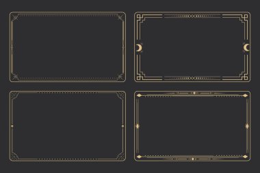 Çizgi altın çerçeve, gökyüzü minimal esrarengiz kenar, noktalı mistik doğrusal dekorasyon, karanlık arka planda izole edilmiş köşeler. Geometrik şekil, tarot. Vektör illüstrasyonu