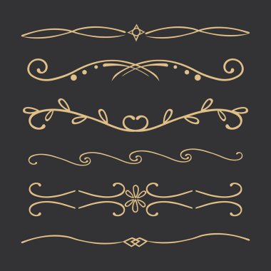 Koyu arkaplanda izole edilmiş klasik deco sınır ayırıcı koleksiyonu. Florish süsü, heykel gibi. Vektör illüstrasyonu