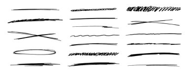 Altı çizili çizgiler, fırça darbesi, işaret çizgileri grunge eğrisi, beyaz arkaplanda izole edilmiş basit sınırlar. Yaratıcı koleksiyon fırça veya pastel boya çekleri