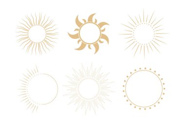 Set golden celestial frames sun, borders, arch line art esoteric minimal decoration with sparkles isolated on dark background. Vector illustration clipart