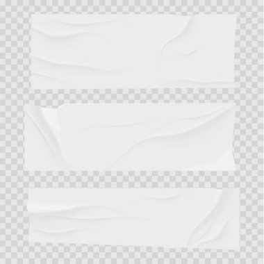 Yapışkan yapış yapış beyaz bant şeritli. Parçalanmış yüzey etiketi, model çıkartması. Dikdörtgen parça, şeffaf arkaplan üzerine sarılı sayfa. Vektör illüstrasyonu