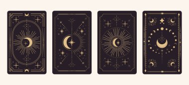 Tarot ters sınır çerçevesi altın çizgisi, sınır çizgisi, gizemli, yıldızlı ve aylı esrarengiz dekorasyonu ayarla. Sihirli kutsal kılıf. Vektör illüstrasyonu