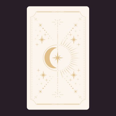 Tarot sınır kartını tersine çeviriyor. Altın çizgili sınır çizgisi. Yıldızlar ve ay ile gizemli esrarengiz dekorasyon. Sihirli kutsal kılıf. Vektör illüstrasyonu