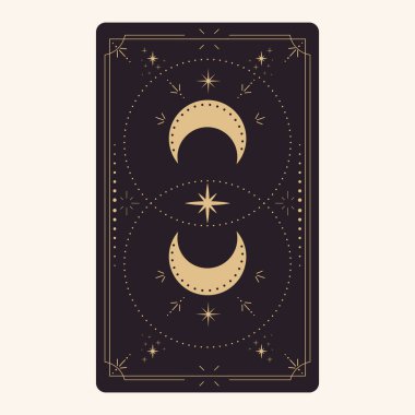Tarot sınır kartını tersine çeviriyor. Altın çizgili sınır çizgisi. Yıldızlar ve ay ile gizemli esrarengiz dekorasyon. Sihirli kutsal kılıf. Vektör illüstrasyonu