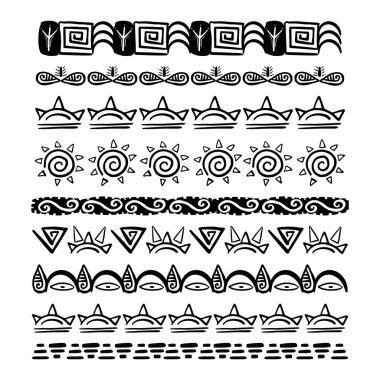 Beyaz arka planda izole edilmiş geometrik şekillerden çizilmiş karalama elle çizilmiş Aztek kabile güdüsü sınırını ayarlayın. Boho İskandinav srtoke, geleneksel yerel dekor. Vektör illüstrasyonu